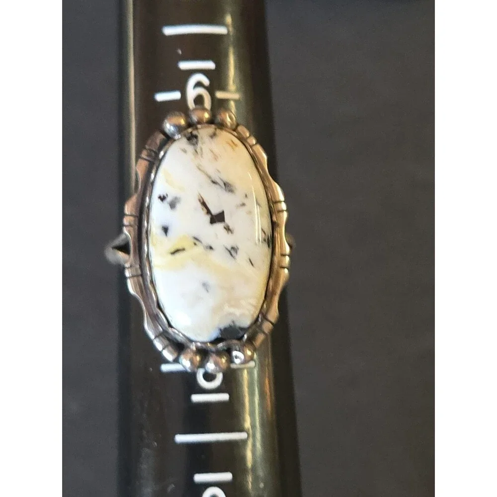 VINTAGE LH SIGNED NAVAJO STERLING SILVER WHITE BUFFALO TURQUOISE RING SIZE 7